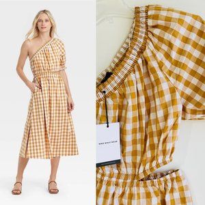 Who What Wear Womens Dress XLarge Cut Out Puff One Sleeve Midi Gingham Brown New